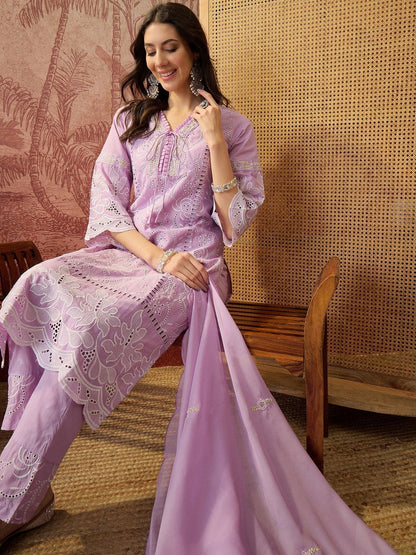 Embroidered Pure Cotton V-Neck Kurti & Trousers Kurta Set