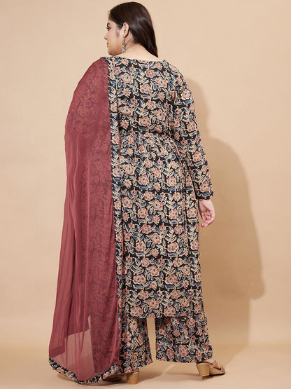 Dhiyona KL Floral Printed Pure Cotton A-line Kurta With Palazzos & Dupatta