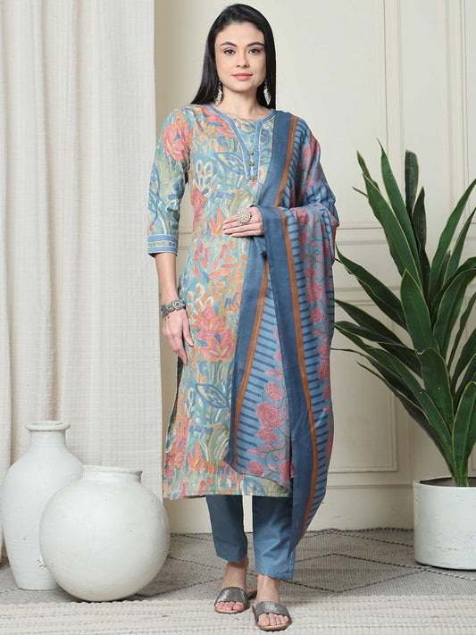 Dhiyona KL Floral Printed V-Neck Straight Kurta With Trousers & Dupatta