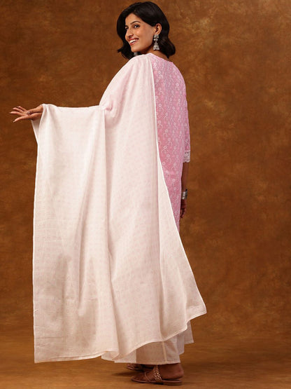 Dhiyona AN Ethnic Motifs Embroidered Round Neck Straight Kurta with Sharara & Dupatta