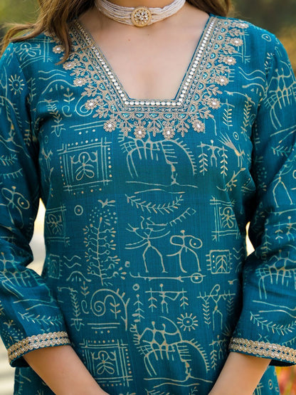 Dhiyona KL Women Ethnic Motifs Printed Regular Thread Work Kurta with Trousers & With Dupatta
