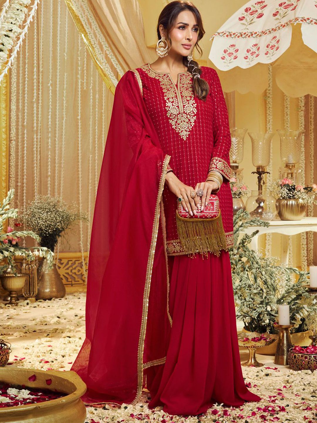Dhiyona IN Women Ethnic Motifs Embroidered Kurta with Sharara & Dupatta