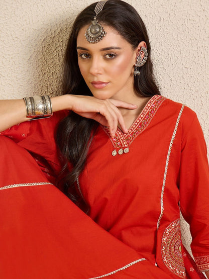 Women Ethnic Motifs Regular Thread Work Pure Cotton Kurta with Trousers & With Dupatta