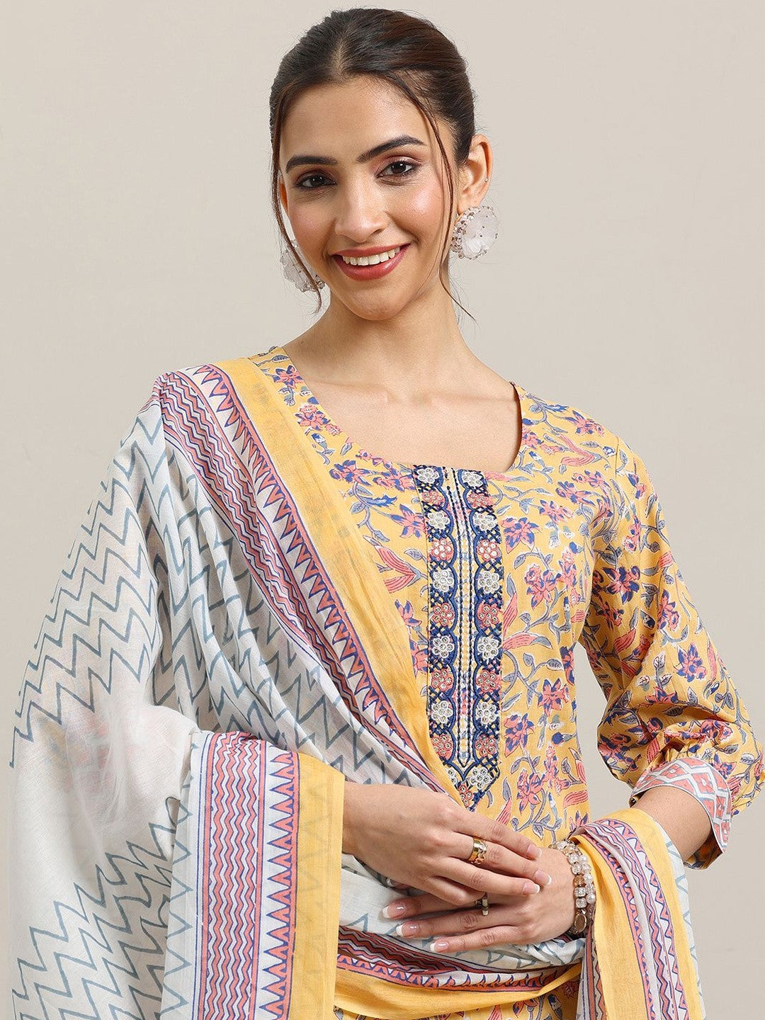 Women Floral Printed Regular Sequinned Pure Cotton Kurta with Salwar & With Dupatta