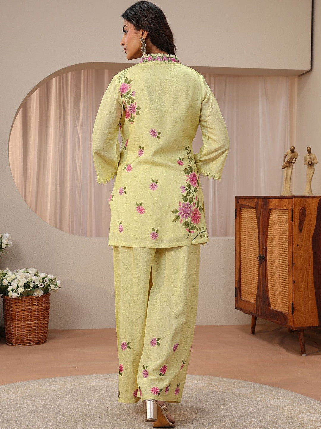 Lime Green Floral Printed Straight Kurta Set