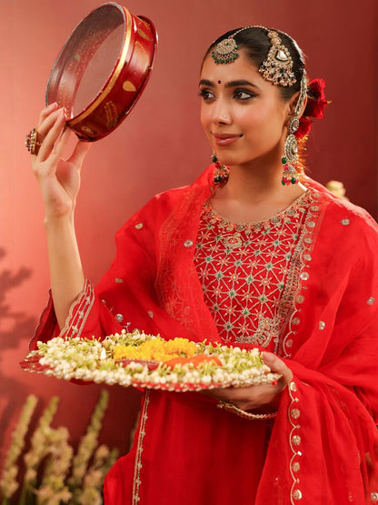 Dhiyona SC Floral Embroidered Round Neck Thread Work Organza Silk Kurta With Palazzo & Dupatta