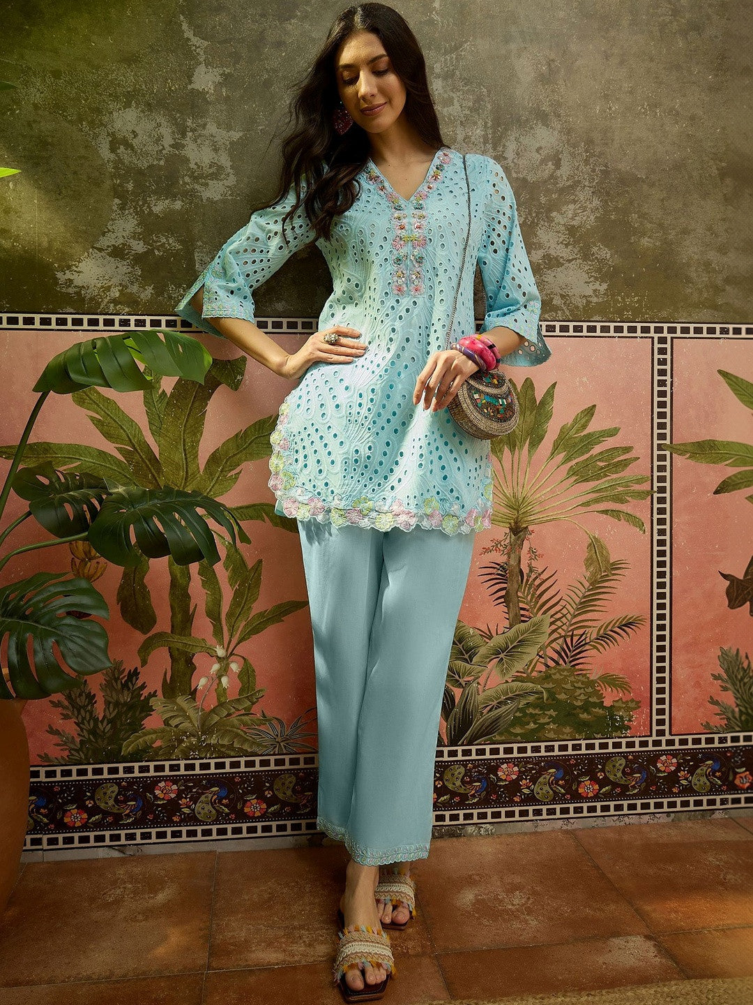 Embroidered Pure Cotton V-Neck Kurti & Trousers