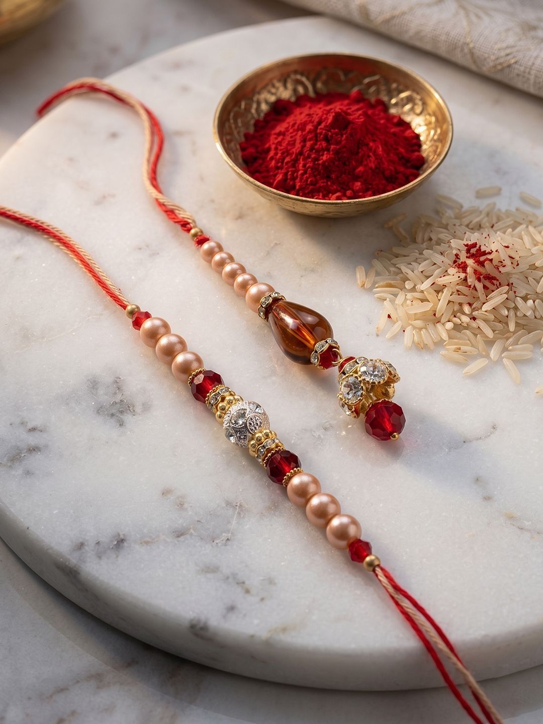 Dhiyona Set Of 2 Multicolor Artificial Stones & Beads Bhaiya Bhabhi Rakhi With Roli Chawal