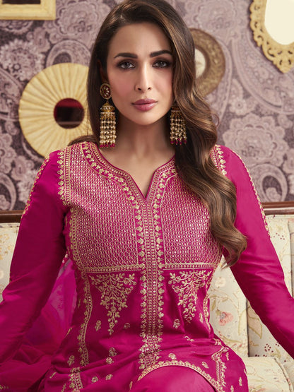Dhiyona IN Ethnic Motifs Embroidered Notch Neck Sequinned A-Line Kurta With Sharara & Dupatta