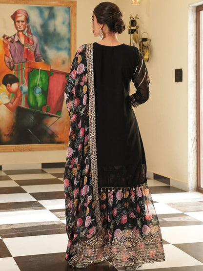 Dhiyona KL Floral Embroidered Sequinned Kurta With Sharara & Dupatta