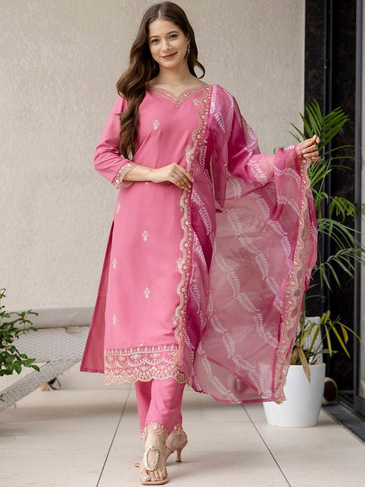 Dhiyona KL Ethnic Motifs Embroidered Thread Work Straight Kurta & Trousers With Dupatta