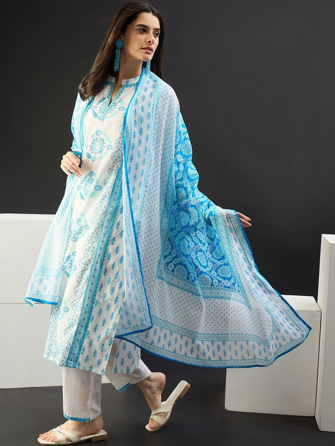 Women Ethnic Motifs Printed Regular Pure Cotton Kurta with Trousers & With Dupatta