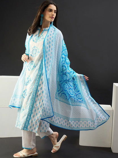 Women Ethnic Motifs Printed Regular Pure Cotton Kurta with Trousers & With Dupatta