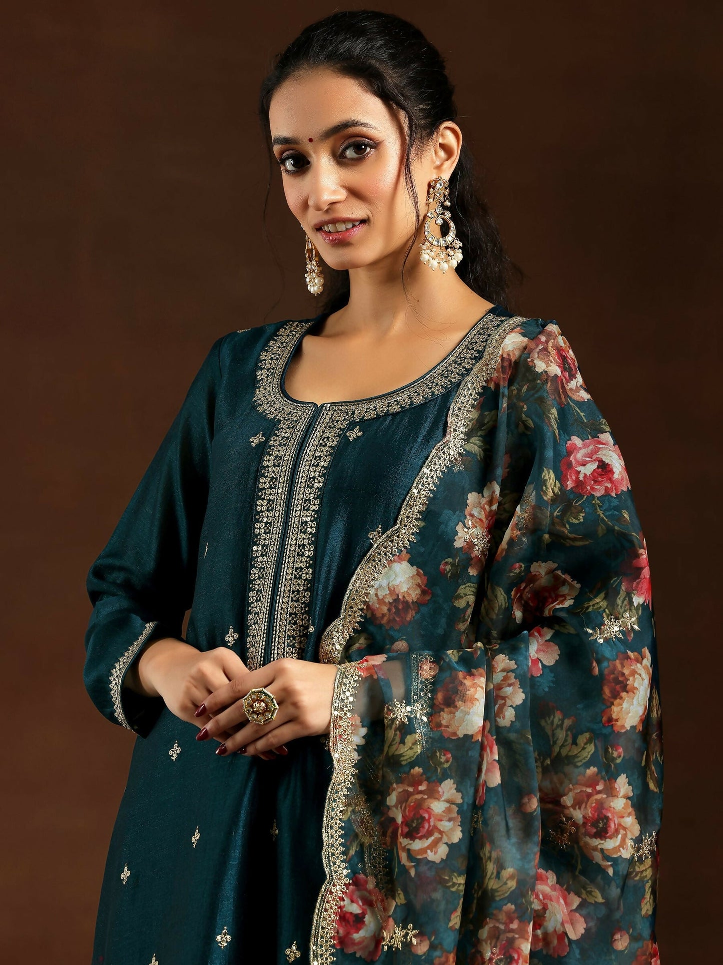 Women's LB Teal Embroidered Silk Blend Straight Suit With Dupatta