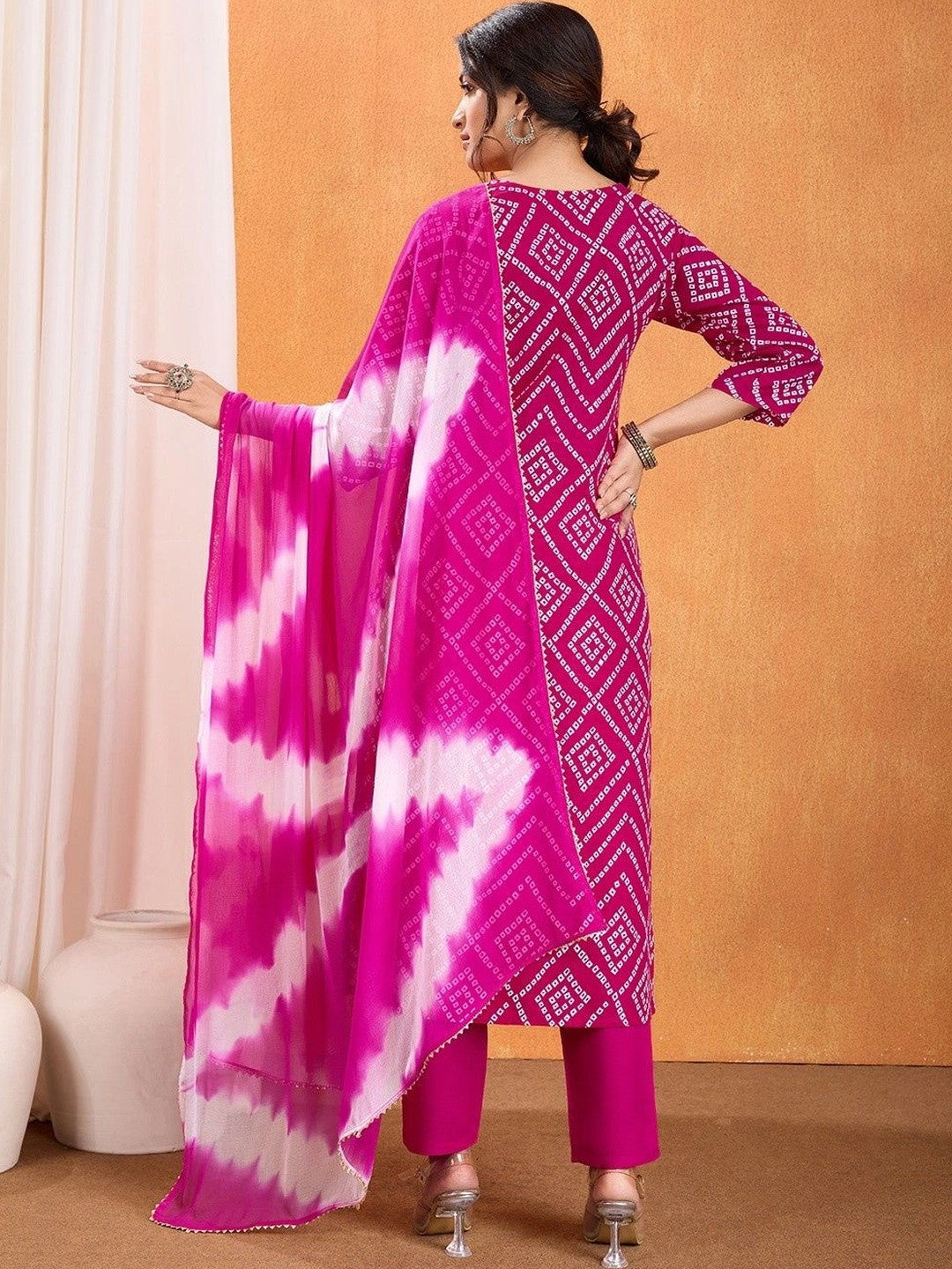 Women Bandhani Dyed Regular Thread Work Kurta with Trousers & With Dupatta