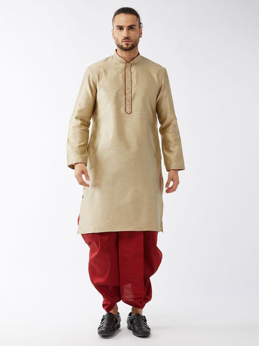 Men's Beige Silk Blend Straight Kurta and Dhoti Set