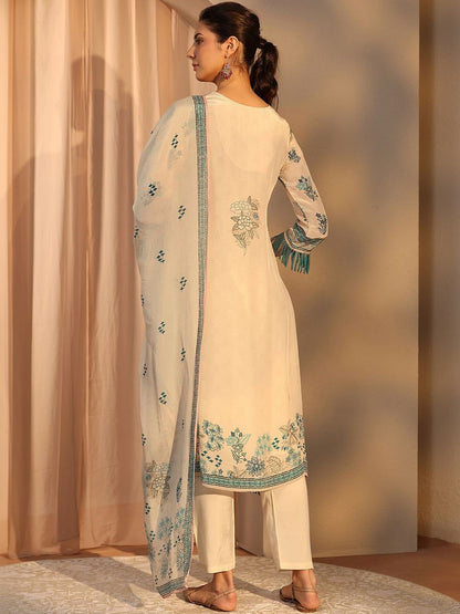 Off White Floral Printed Crepe Straight Suit Set With Dupatta