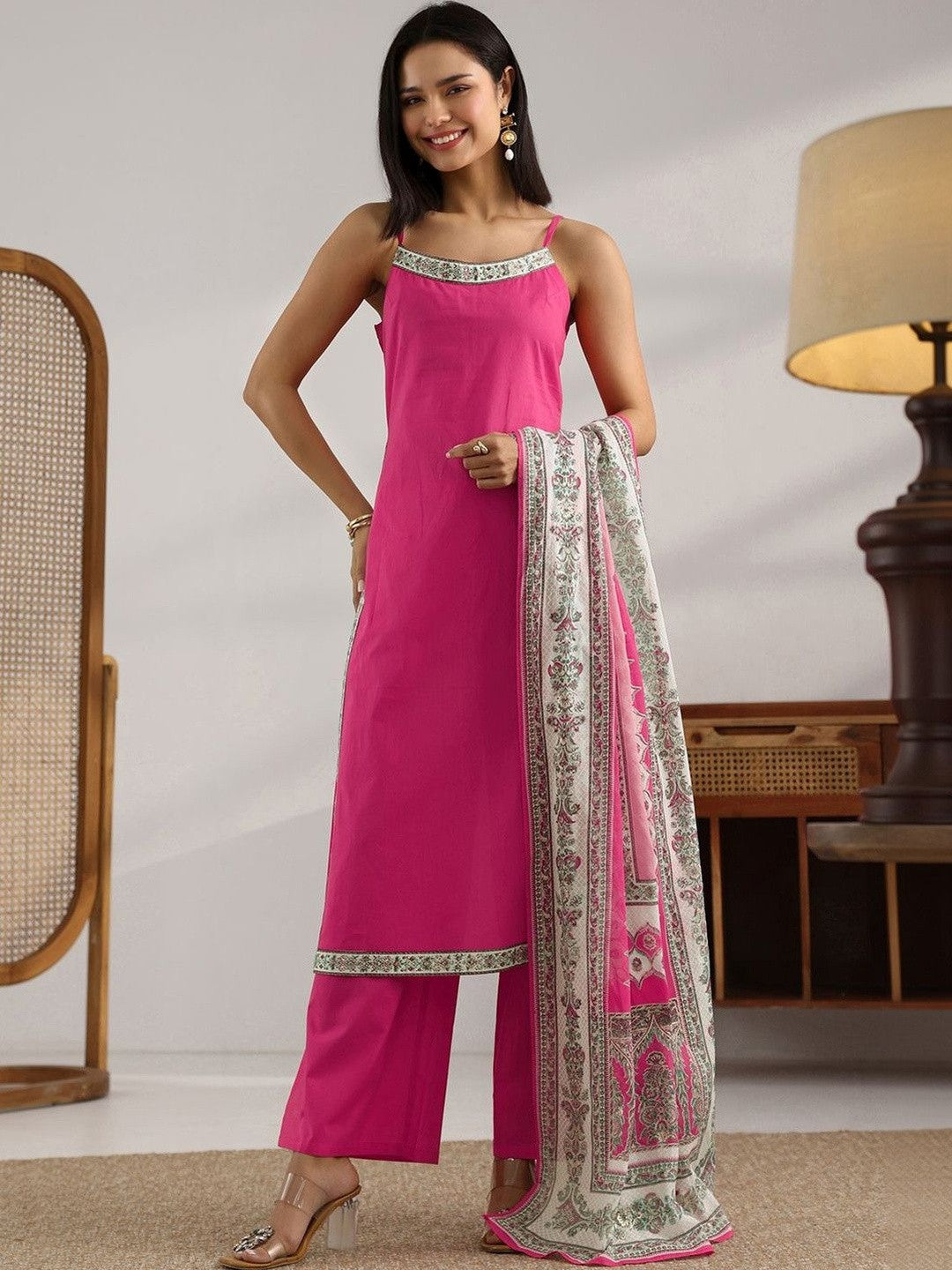 Women Ethnic Motifs Regular Thread Work Kurta with Trousers & With Dupatta