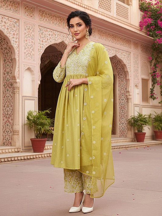 Dhiyona KL Ethnic Motifs Embroidered Pleated Thread Work Kurta with Palazzos & With Dupatta