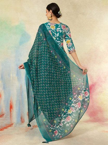Women's Floral Printed Pure Cotton Anarkali Kurta With Palazzos And Dupatta