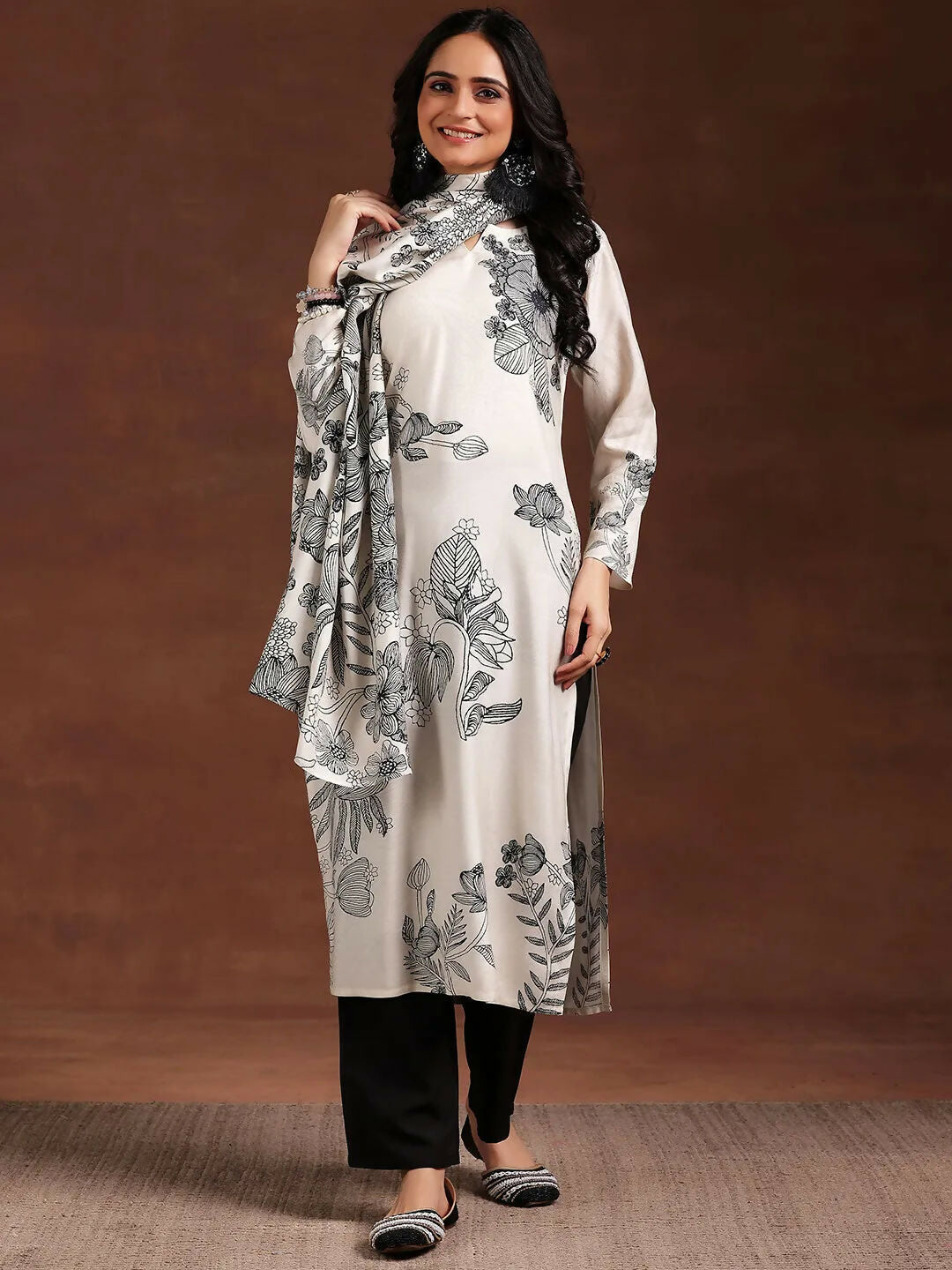 Women's LB Monochrome Printed Silk Blend Straight Suit With Dupatta