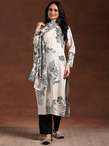 Women's LB Monochrome Printed Silk Blend Straight Suit With Dupatta