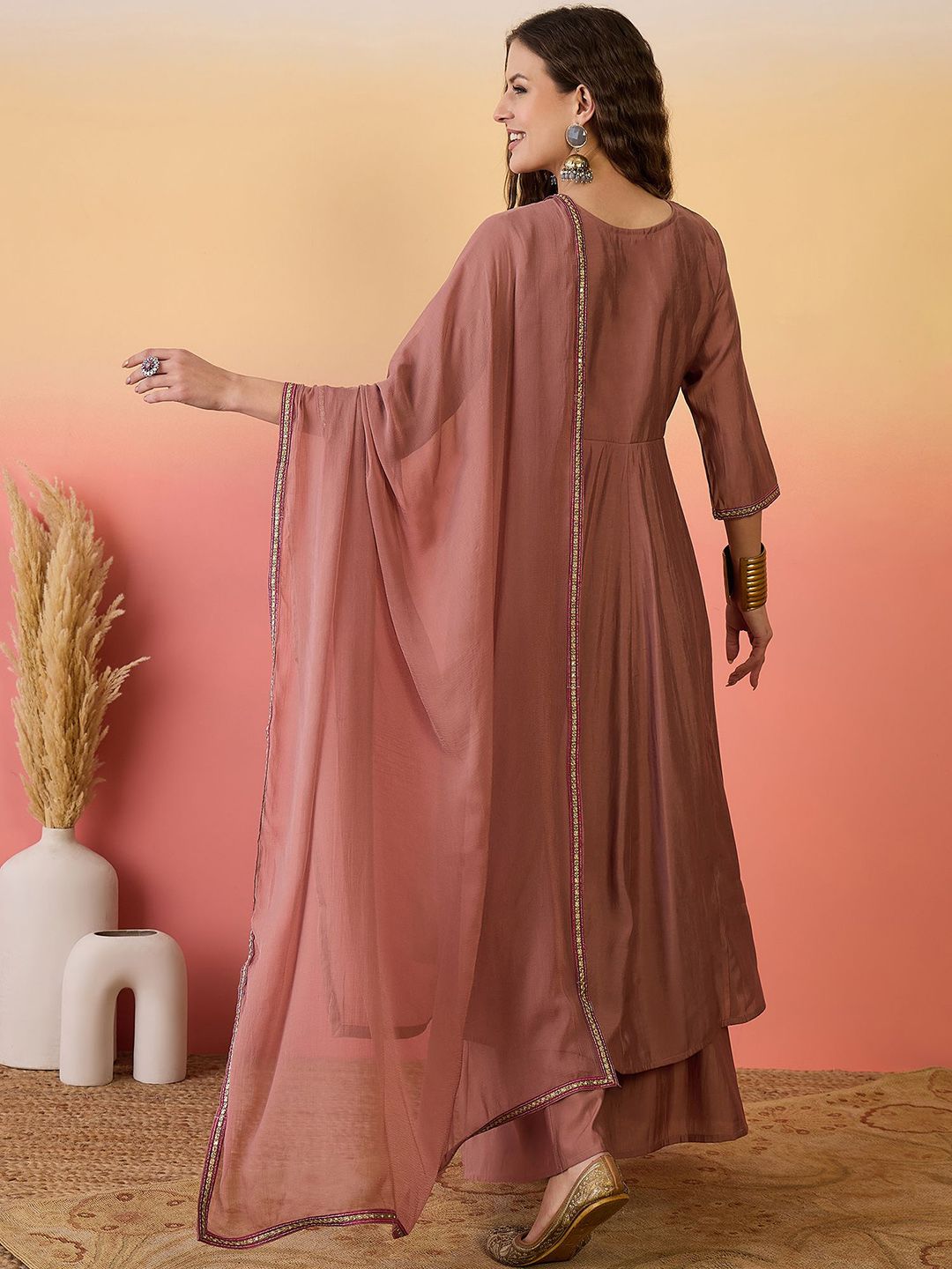 Dhiyona SN Floral Embroidered Silk Anarkali Kurta & Palazzo With Dupatta