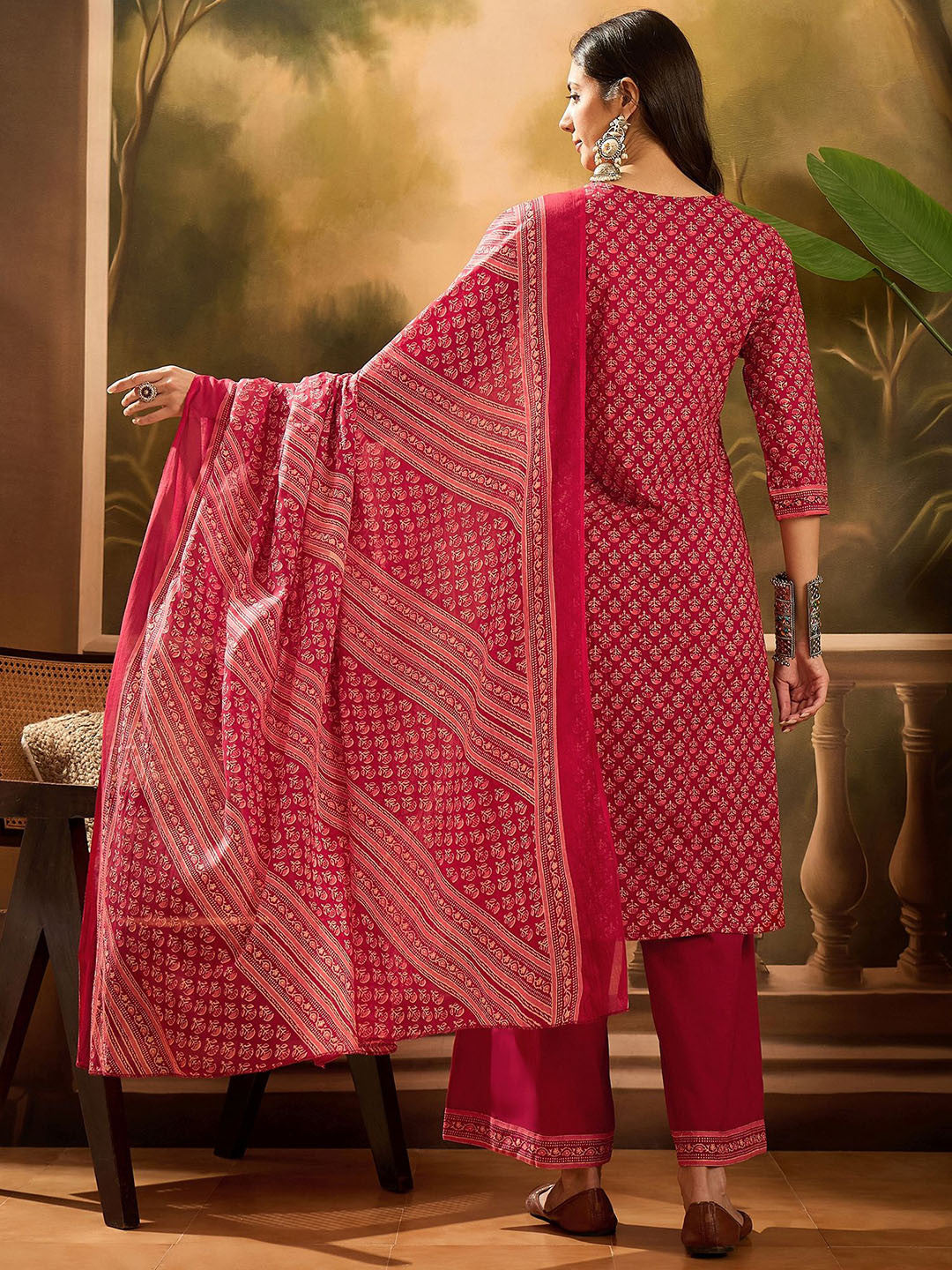 Floral Printed Pure Cotton Straight Kurta With Palazzos & Dupatta Set