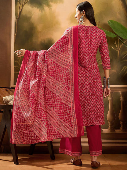 Floral Printed Pure Cotton Straight Kurta With Palazzos & Dupatta Set