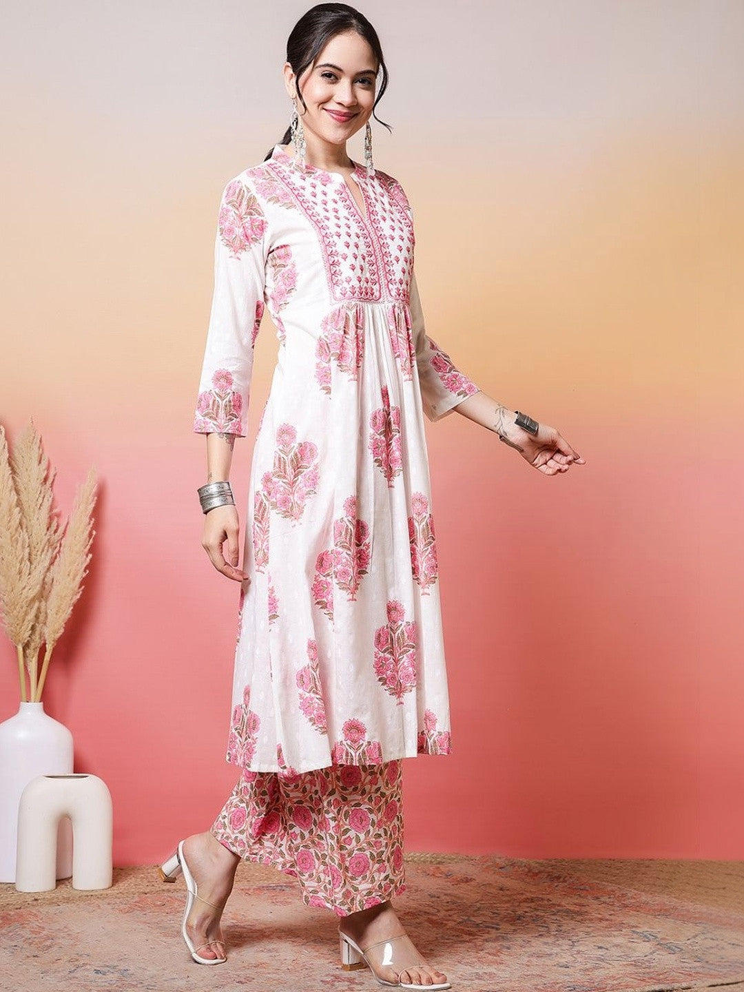 Embroidered Pure Cotton A-Line Kurta & Palazzos With Dupatta