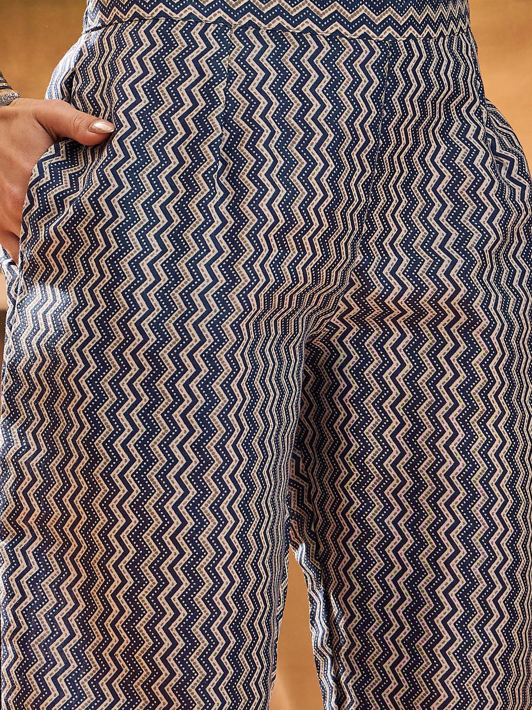Women's Blue Ethnic Printed Cotton Blend Straight Kurta Pant Dupatta Set
