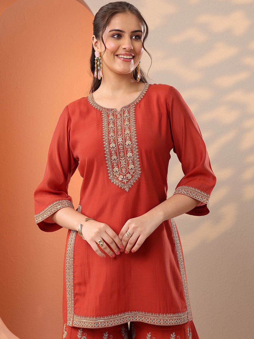 Dhiyona LL Ethnic Motifs Embroidered Straight Kurta With Sharara & Dupatta