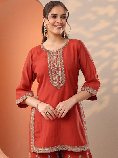 Dhiyona LL Ethnic Motifs Embroidered Straight Kurta With Sharara & Dupatta