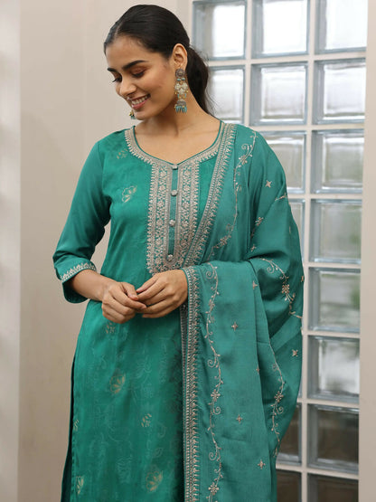 Women's LB Turquoise Woven Design Silk Blend Straight Suit With Dupatta