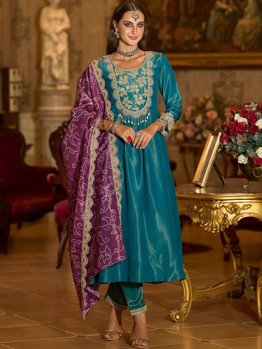 Dhiyona IE Women Ethnic Motifs Embroidered Regular A-Line Kurta with Trousers & Dupatta