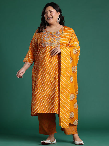 Dhiyona Women's Plus Size Leheriya Print Kurta with Palazzos & Dupatta