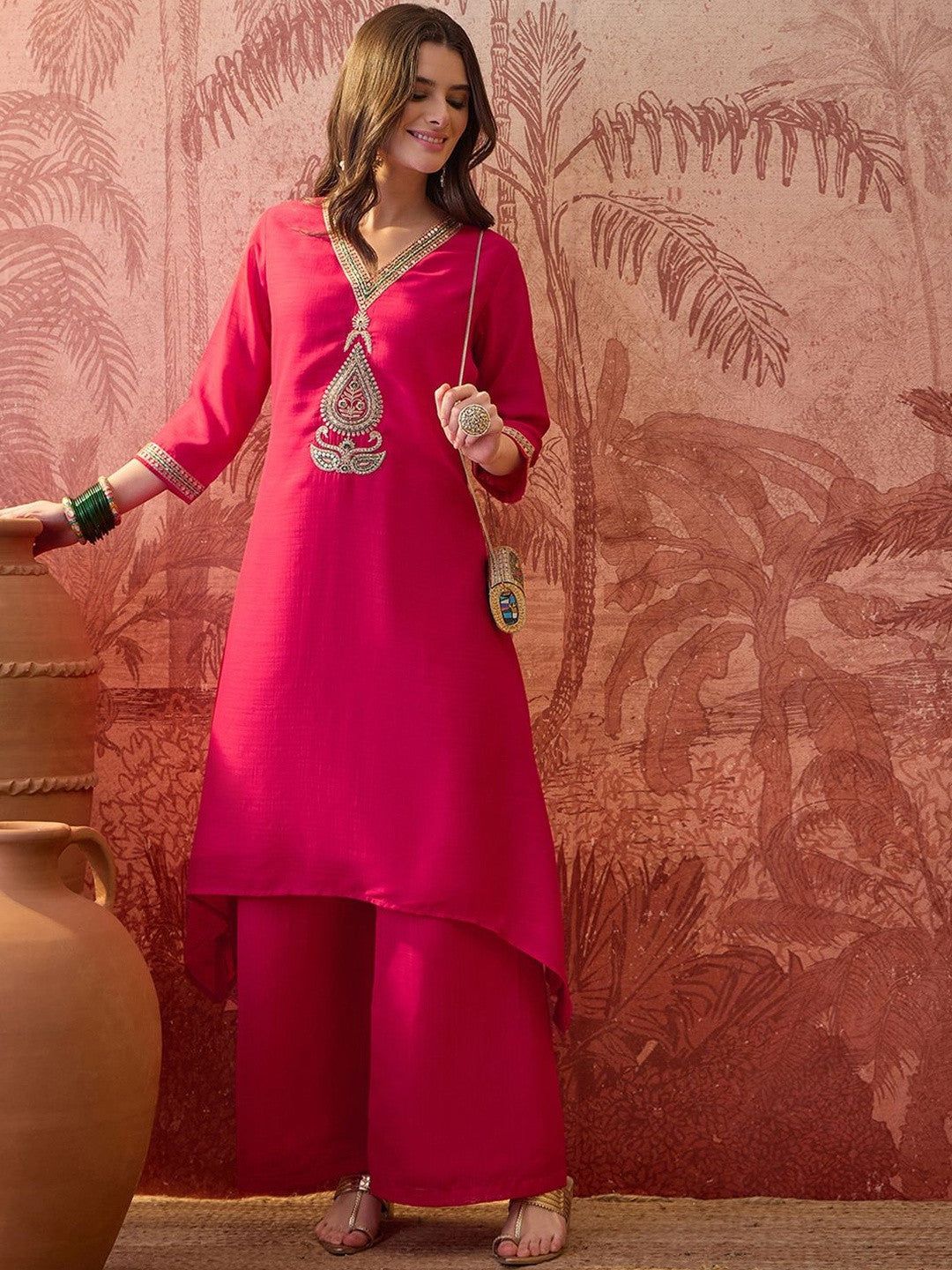 Embroidered V-Neck Kurta & Palazzos Kurta Set