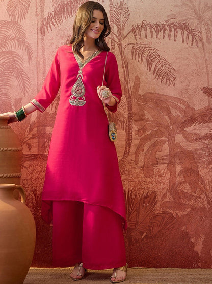 Embroidered V-Neck Kurta & Palazzos Kurta Set