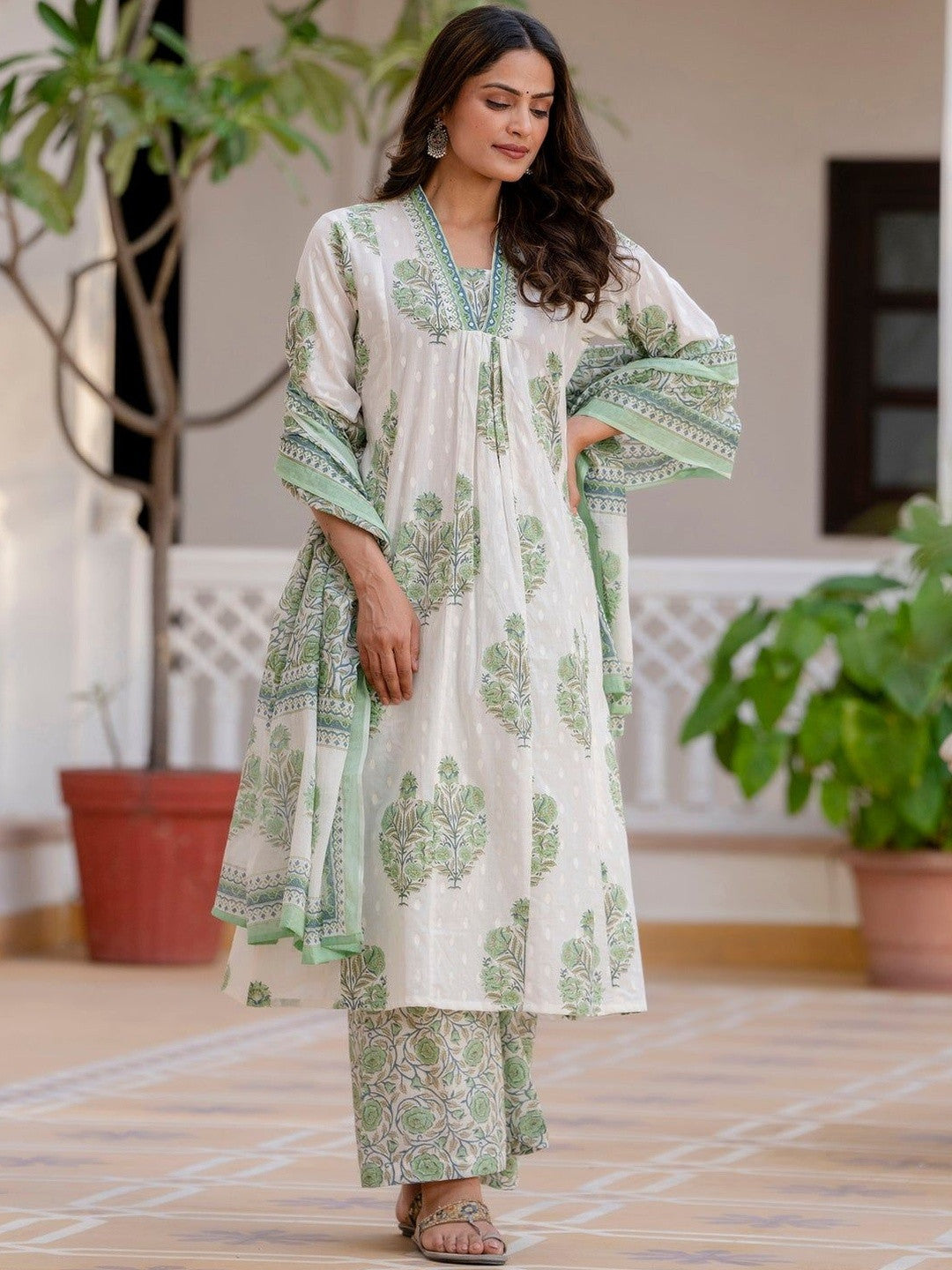 Printed Pure Cotton V-Neck Kurta & Palazzos Kurta Set