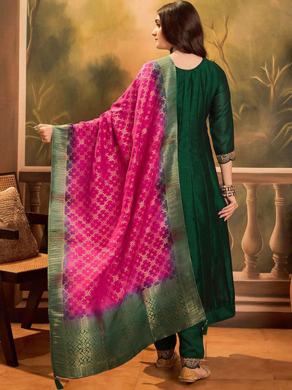 Zari & Sequin Embroidered A-Line Kurta & Trousers With Dupatta