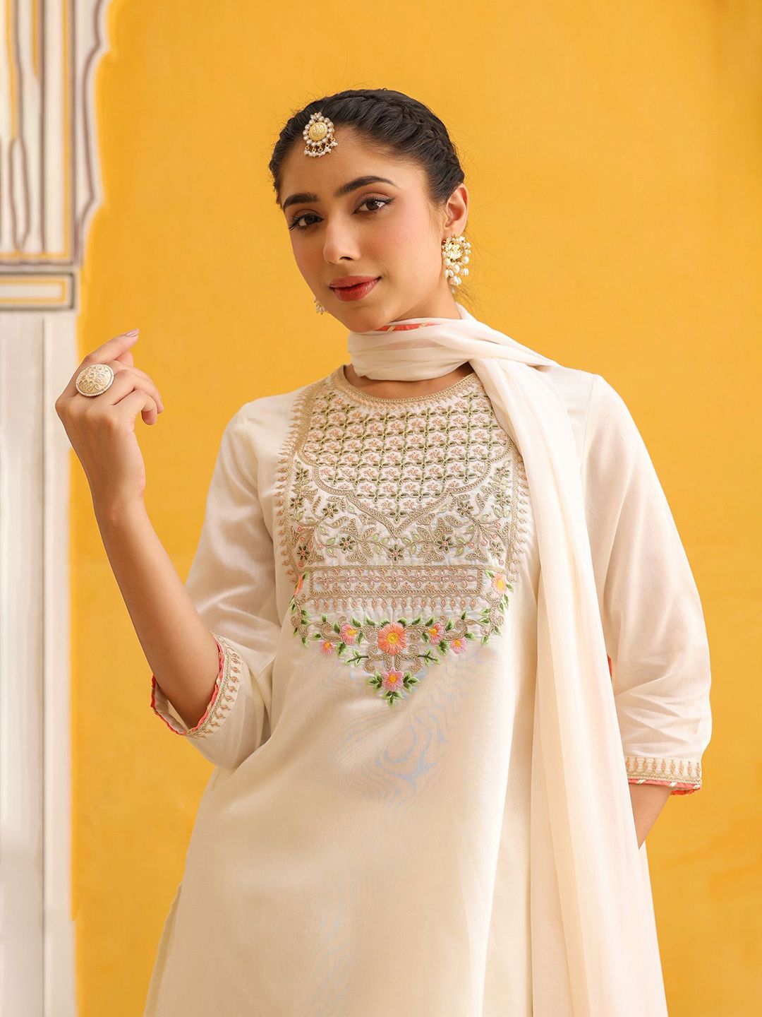 Dhiyona SC Women Ivory Chanderi Silk Zari Embroidered Sharara Set