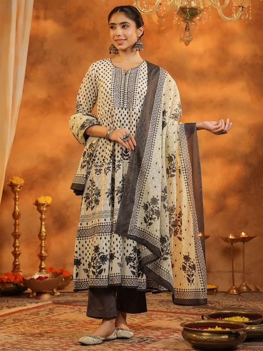 Dhiyona RR Women's Floral Printed Pure Cotton Kurta With Trousers & Dupatta