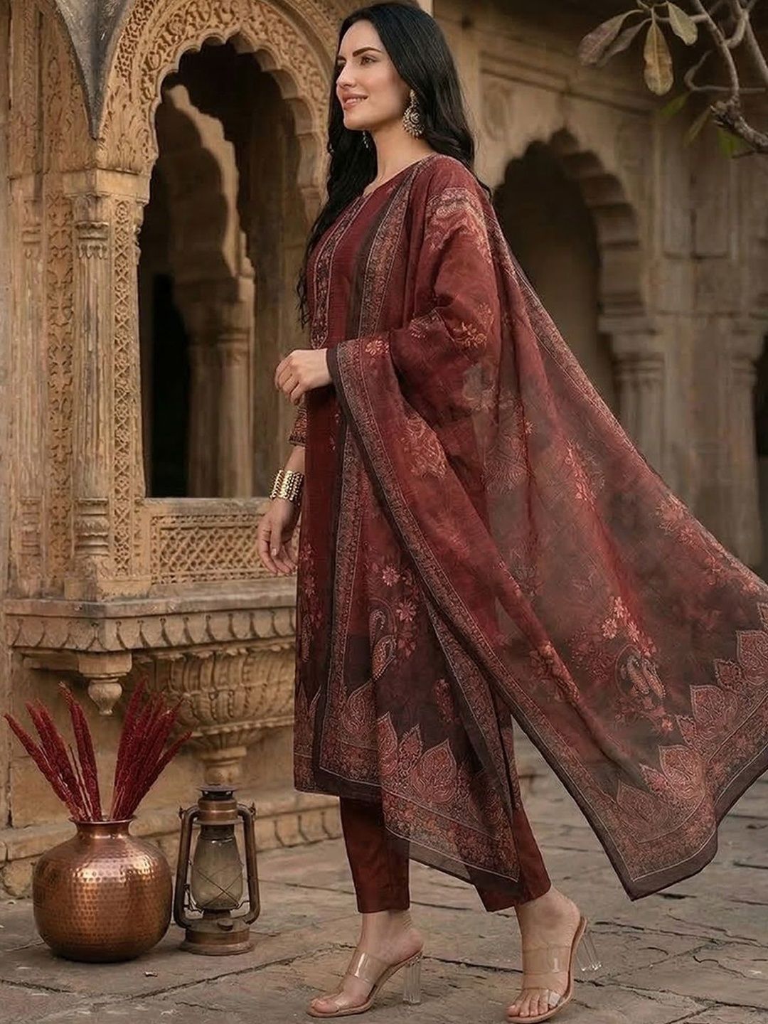 Maroon Floral Printed Sequinned Chanderi Silk Kurta With Trousers & Dupatta