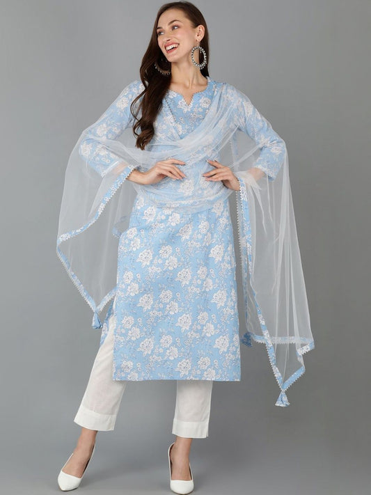 Dhiyona KL Floral Printed Notch Neck Straight Kurta & Trousers With Dupatta