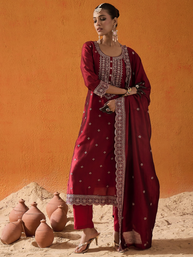 Women's Maroon Embroidered Straight Kurta Trousers With Dupatta set