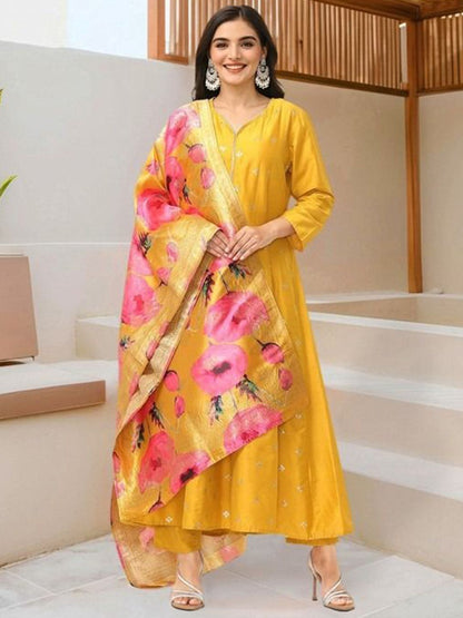 Dhiyona IS Women's Women Ethnic Motifs Self Design Pure Silk Kurta with Trousers & Dupatta
