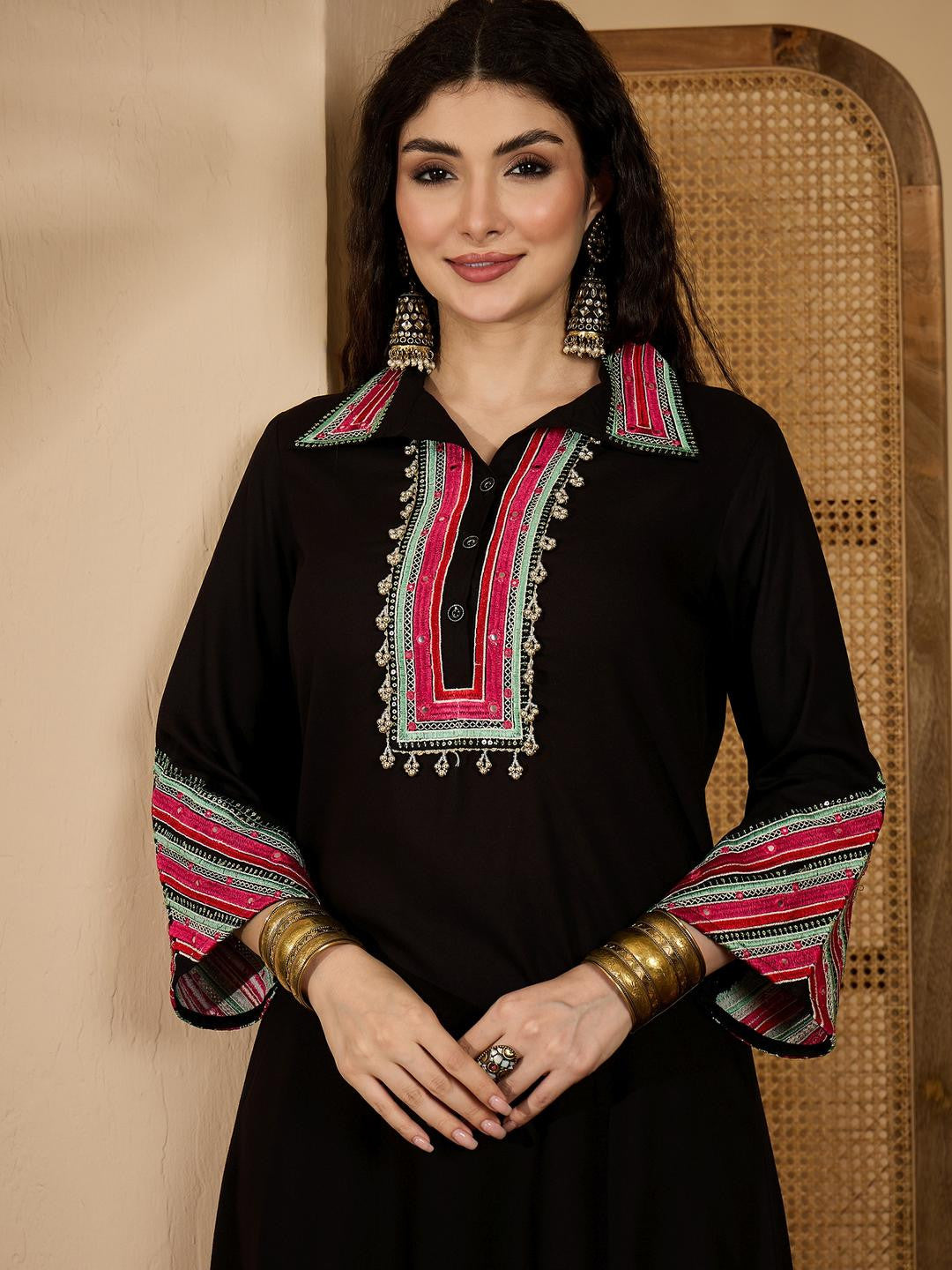 Women Black Embroidered Rayon A-Line Kurta Set