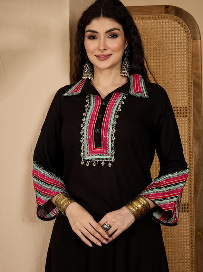 Women Black Embroidered Rayon A-Line Kurta Set