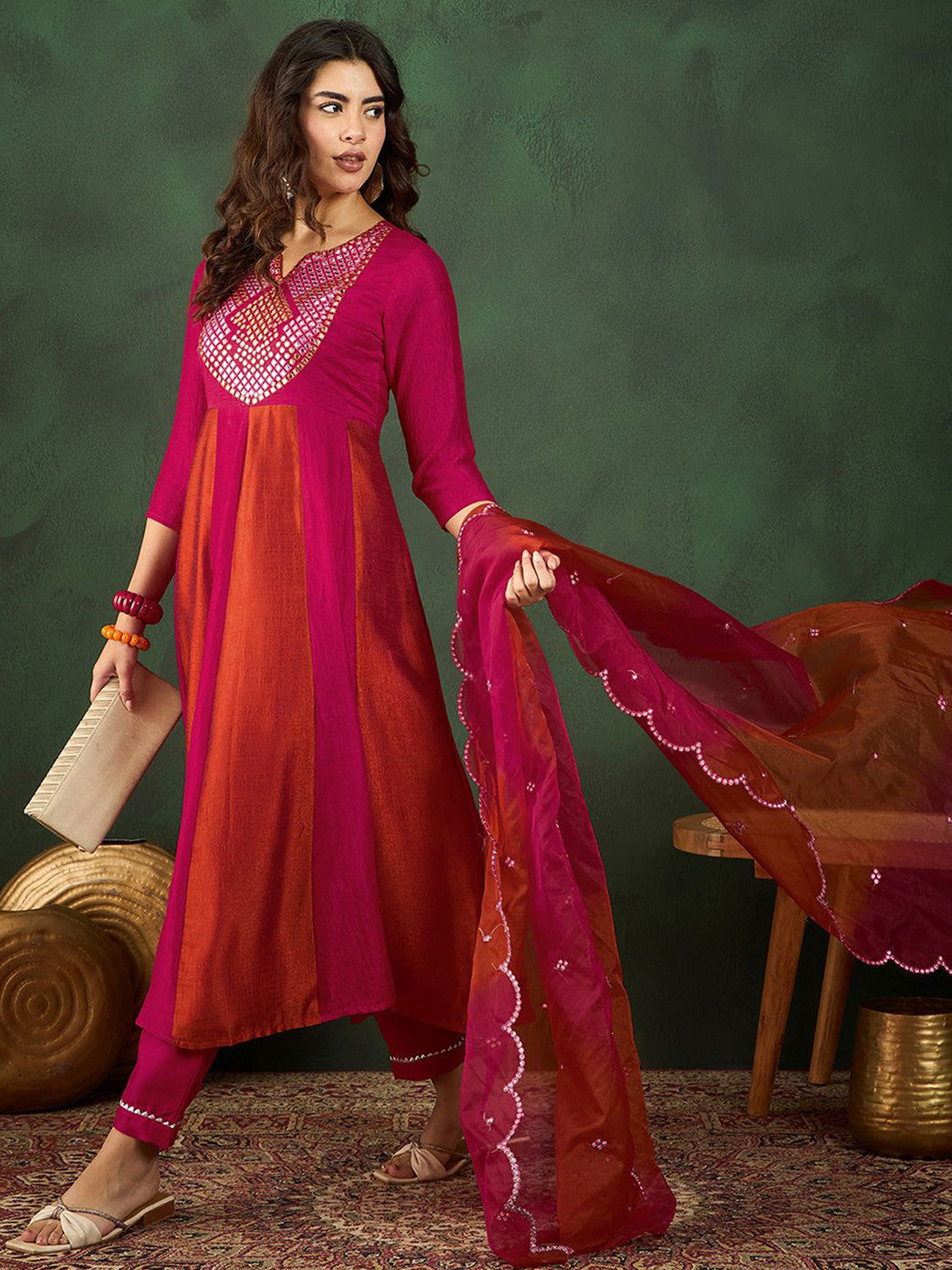 Pink Embroidered Yoke Design Mirror Work A-Line Kurta With Trousers & Dupatta