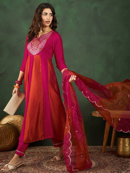 Pink Embroidered Yoke Design Mirror Work A-Line Kurta With Trousers & Dupatta